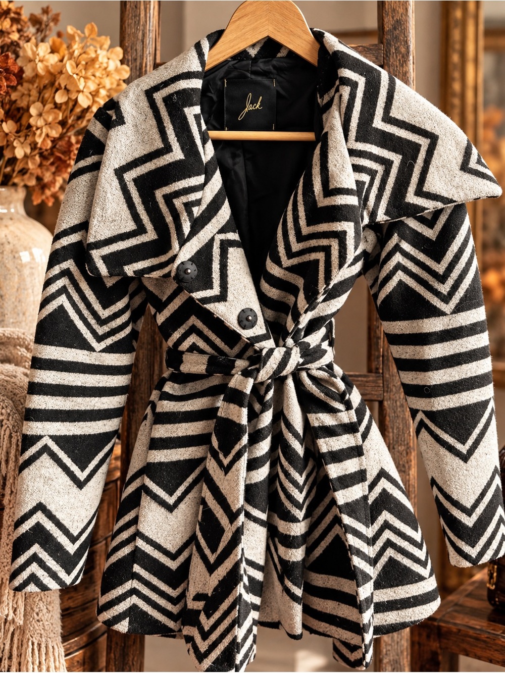 Jack by BB Dakota Black & Cream Geometric Belted Coat – Size XS